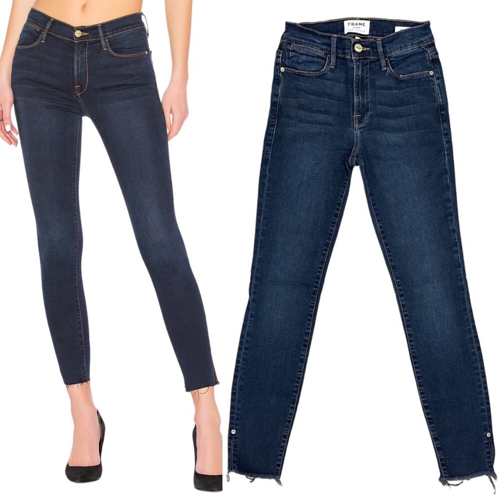 Frame Le High Skinny Slit Jean in Fonda Dark Wash Stretch Denim Women’s Size 25